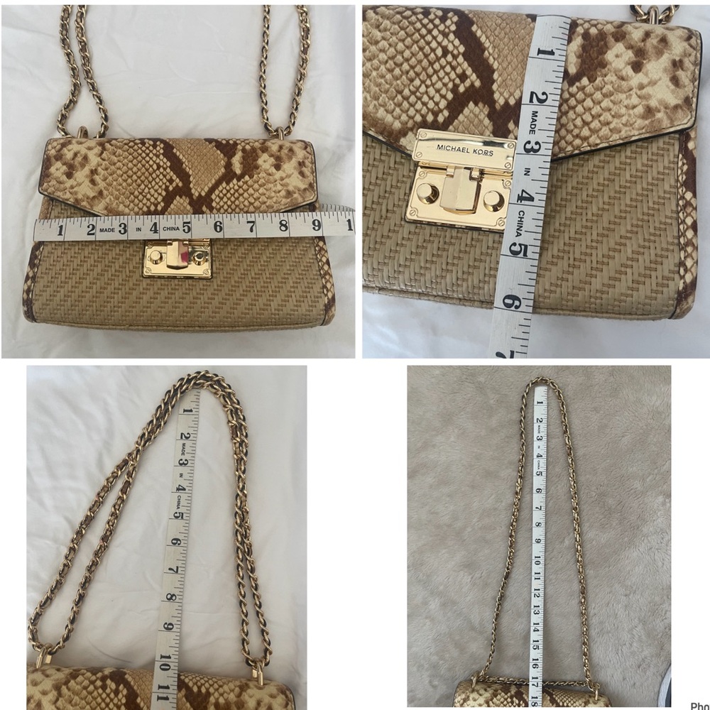Michael Kors Beige Brown Snake-Print Woven Crossbody with Gold Chain - Picture 13 of 14